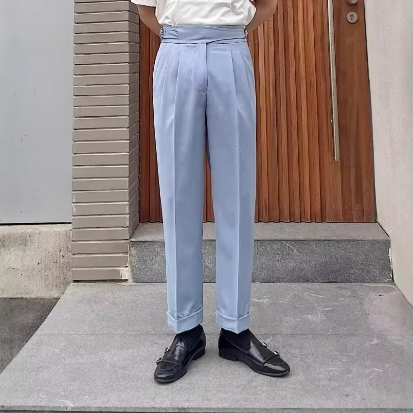 Men's high waist slim fit pleated trousers vintage British style with Paris side buckles