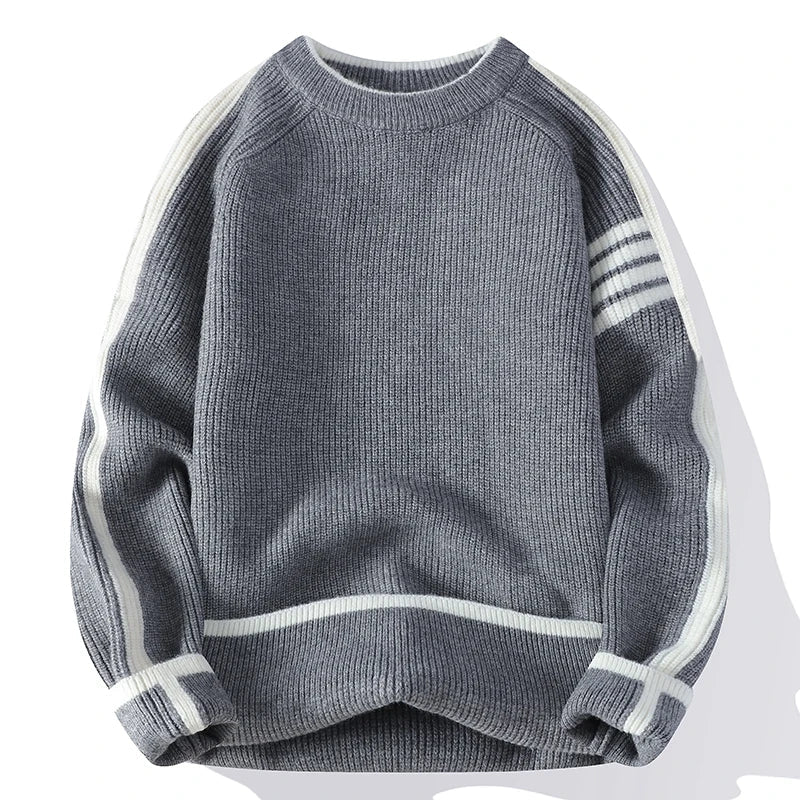 Unisex knit pullover bold retro stripes loose bulky silhouette ribbed texture polyester cotton blend