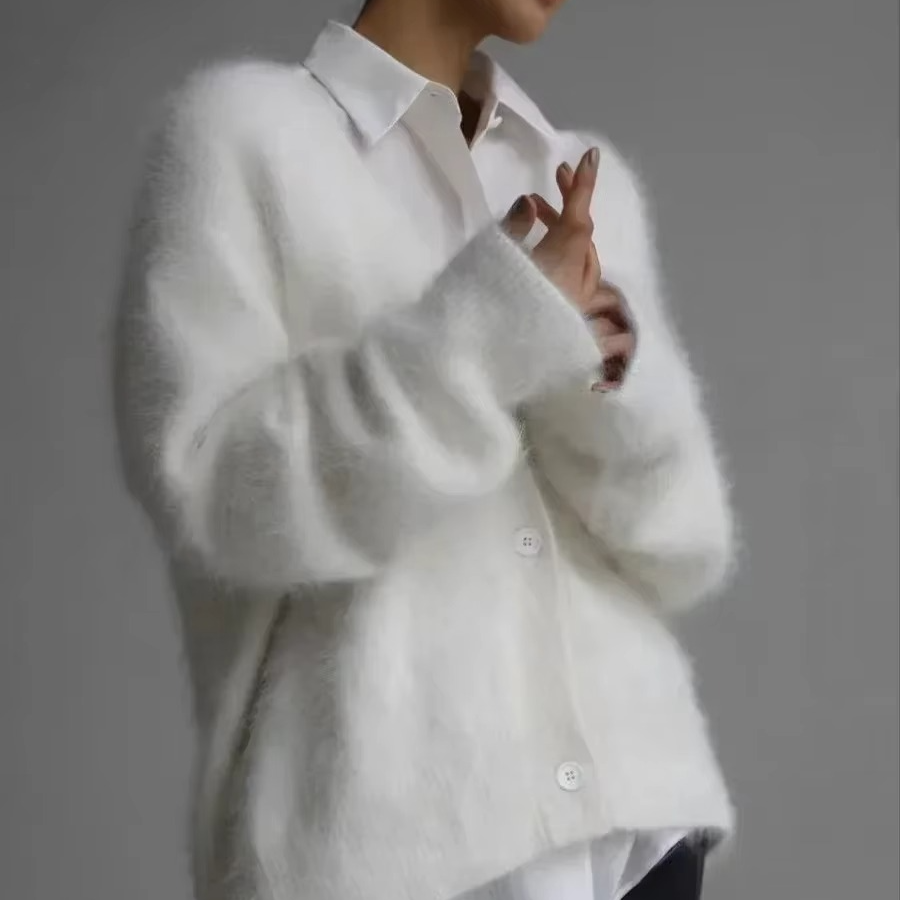 Women's oversized knit cardigan, V-neck button-down sweater coat, plush cozy everyday layer