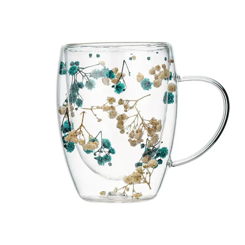 TrendAura double wall glass coffee mug 350ml dried petal floral design insulated clear borosilicate