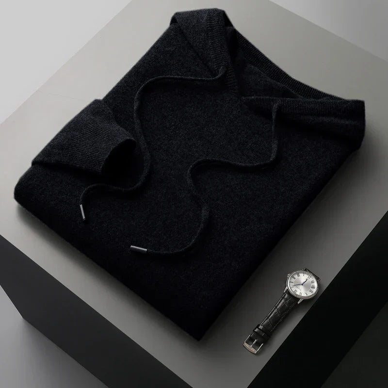 Castillo merino wool pullover hoodie, cashmere-soft formal business casual knit layer