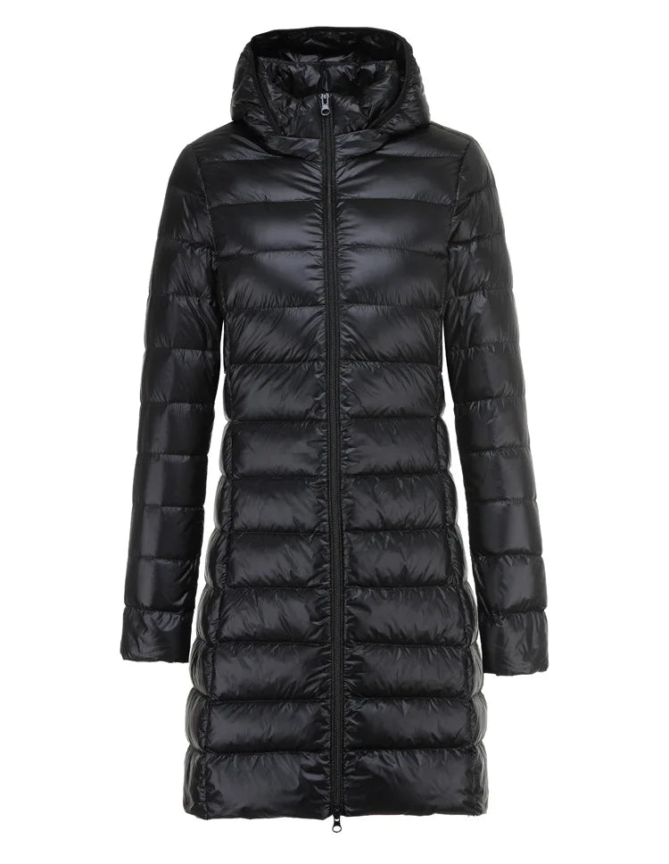 Long hooded puffer rain jacket lightweight waterproof quilted insulation streamlined silhouette all-weather