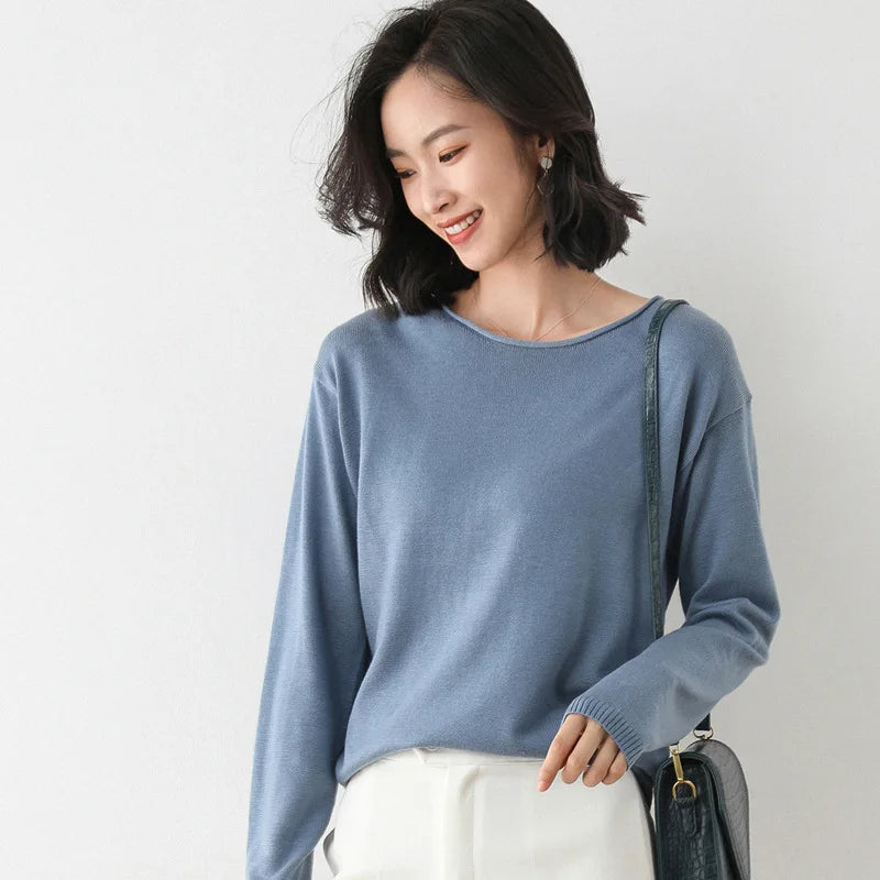 Women's mist blue fine-gauge knit top lightweight cotton blend with smooth bound neckline