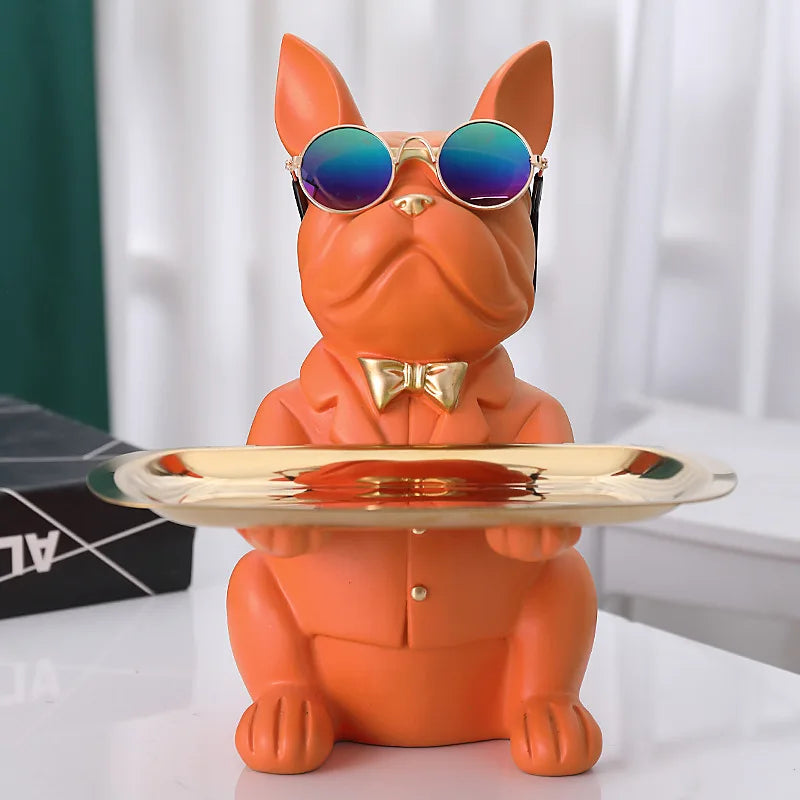 Resin bulldog figurine tray with gold bow tie, contemporary desk organizer for keys and jewelry