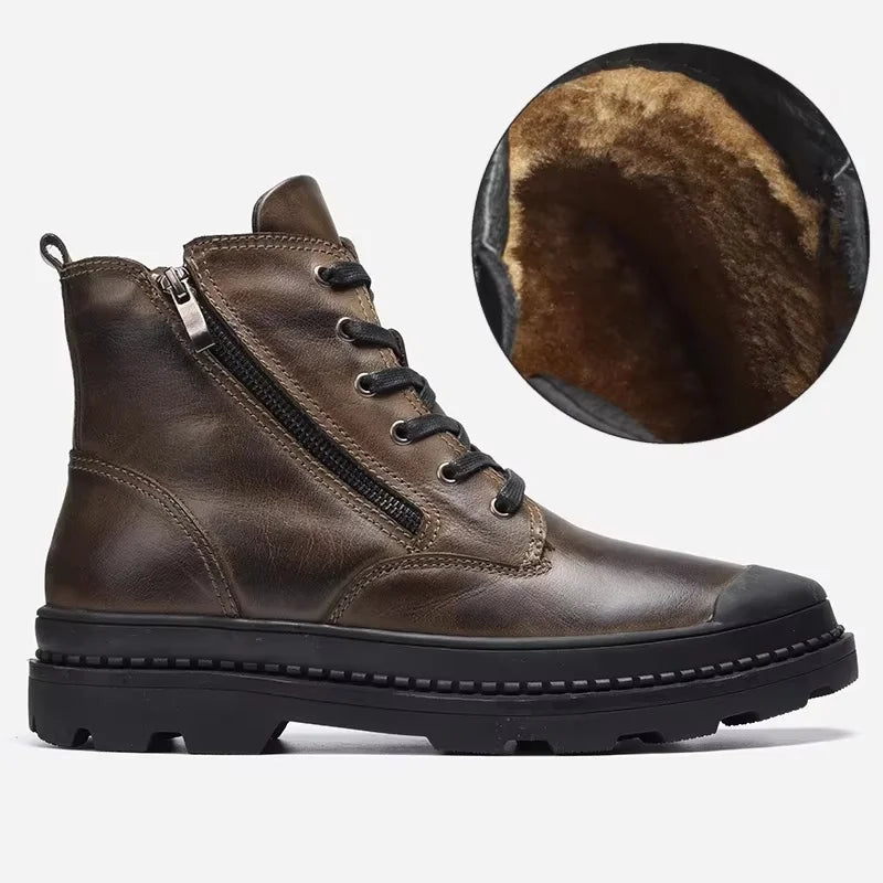 Men's vintage brown leather boots fur-lined insole open lace-up side zip cushioned footbed