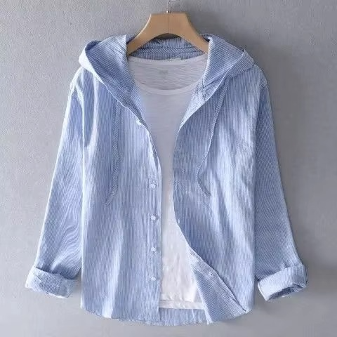 Men's relaxed fit cotton linen hooded shirt lightweight breathable summer casual long sleeve