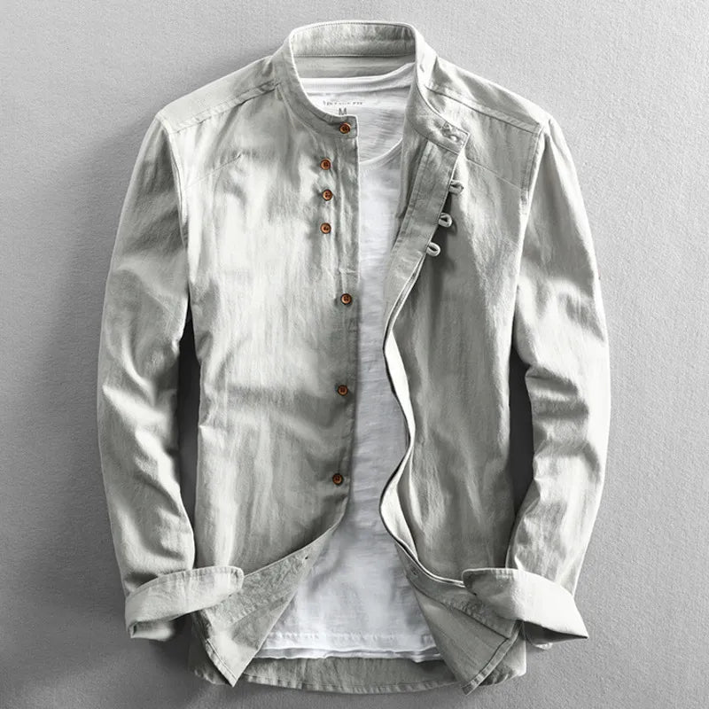 Men's white kimono-inspired relaxed fit Japanese shirt with traditional cultural design details