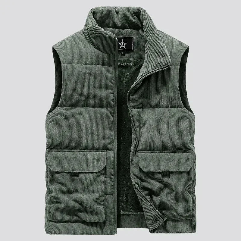 Men's brown corduroy ribbed vest with sherpa fleece lining, cargo pockets, and stand-up collar