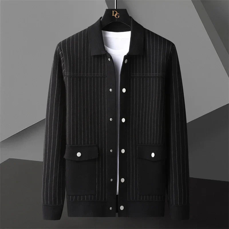 Women's striped lapel knit cardigan sweater coat in bold multicolor oversized silhouette