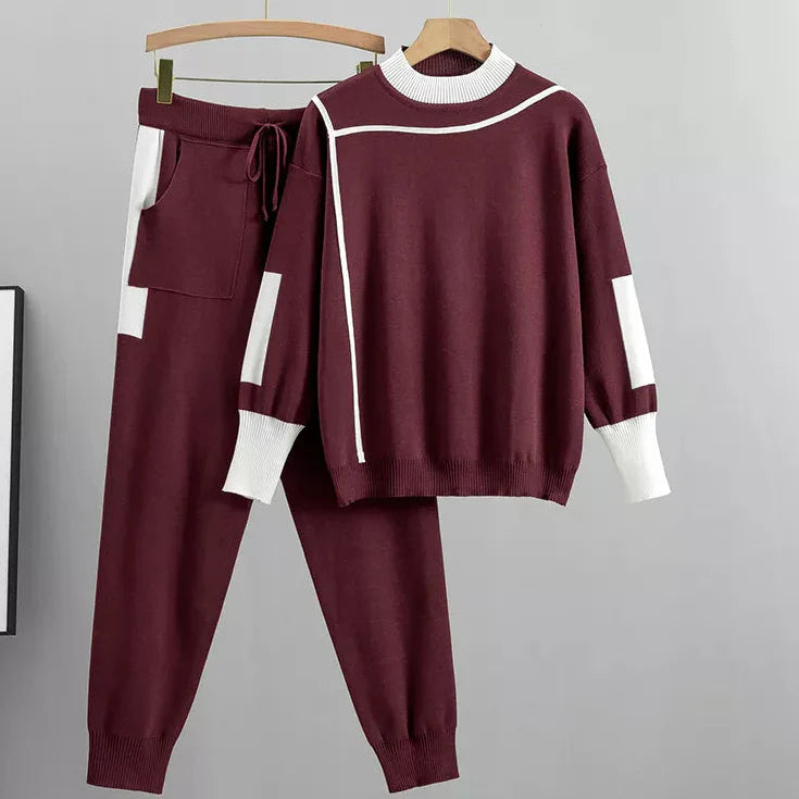 Women's casual lounge sweater pants set relaxed fit knit two-piece with contrast detail everyday chic