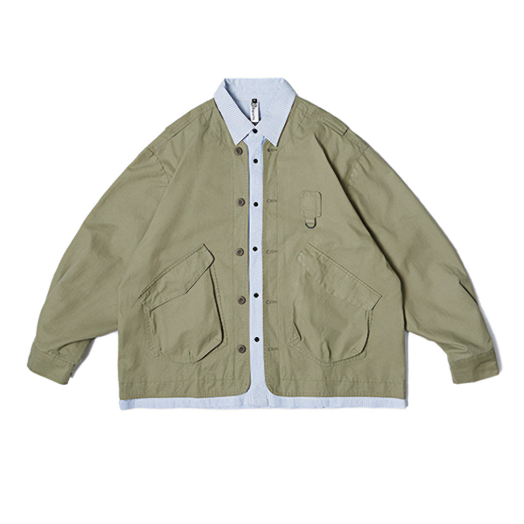 Olive cargo jacket relaxed fit with bold pinstripe collar and deep utility pockets