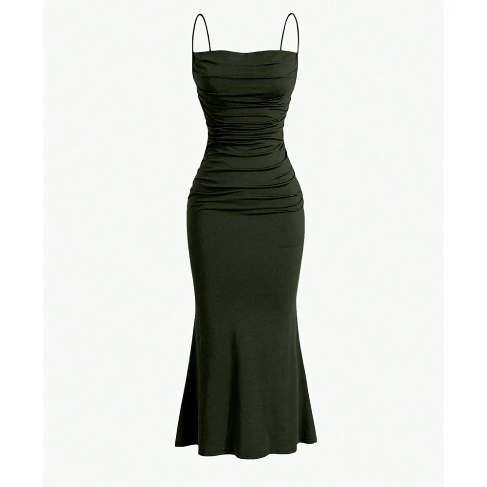 Anna draped maxi dress stretch fabric ruched bodice soft neckline slim flared silhouette women
