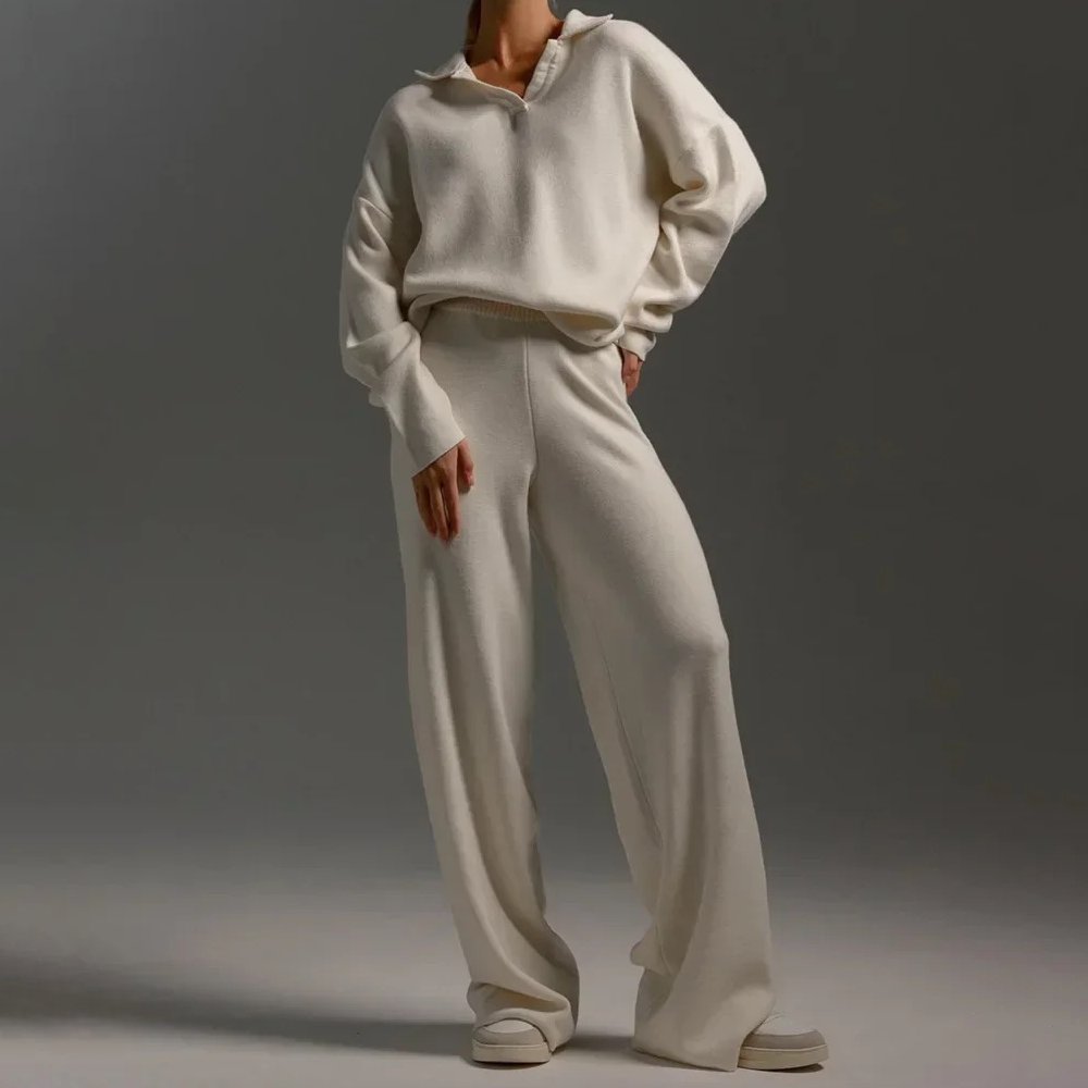 Women's relaxed fit collared V-neck sweater wide leg pants set cozy casual two-piece coord