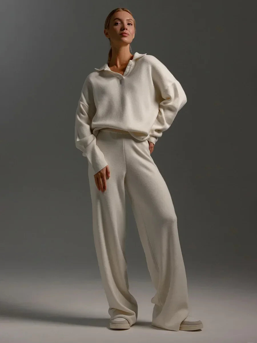 Women's two-piece knit set polo neck sweater high-waisted wide-leg pants relaxed fit cozy ensemble