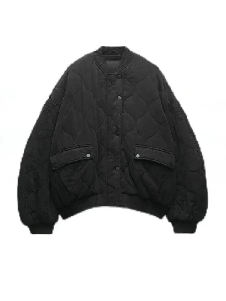 Unisex quilted bomber jacket relaxed fit with dual zipper and button closure streetwise outerwear