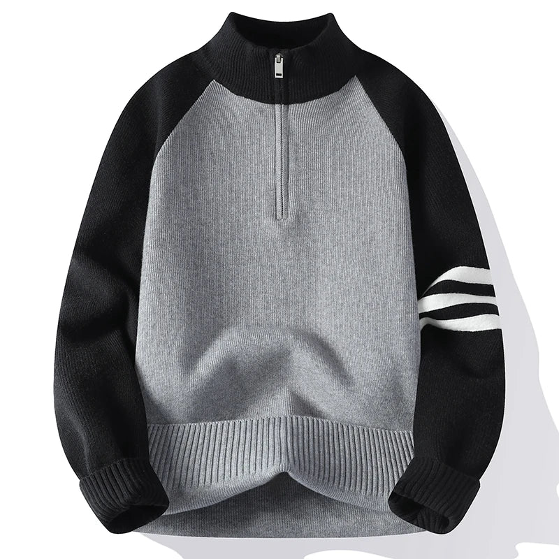 Two-tone half-zip knit sweater relaxed unisex fit color-block casual layering essential