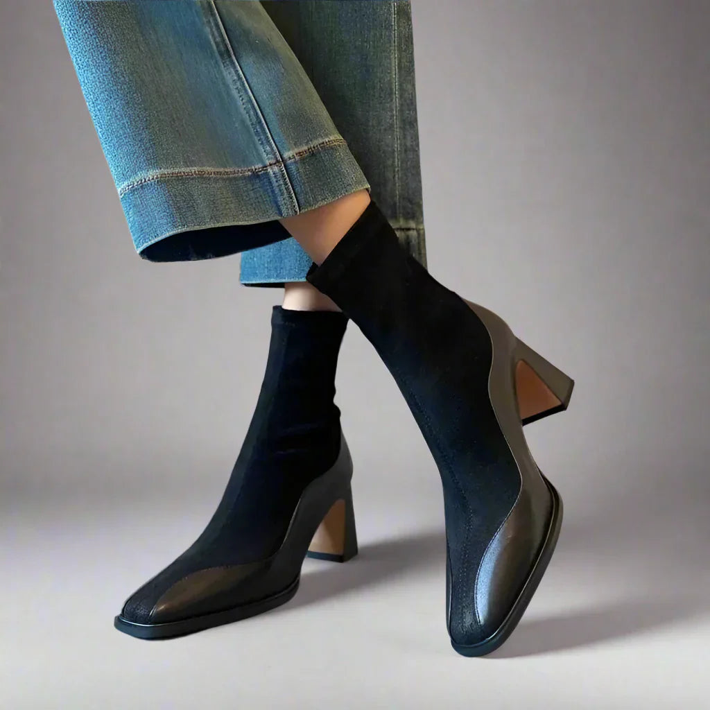 Women's square toe spliced suede boots with contrast detailing, all-season urban style