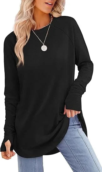 Women's relaxed fit tunic top in soft cotton blend with thumb hole cuffs for everyday comfort