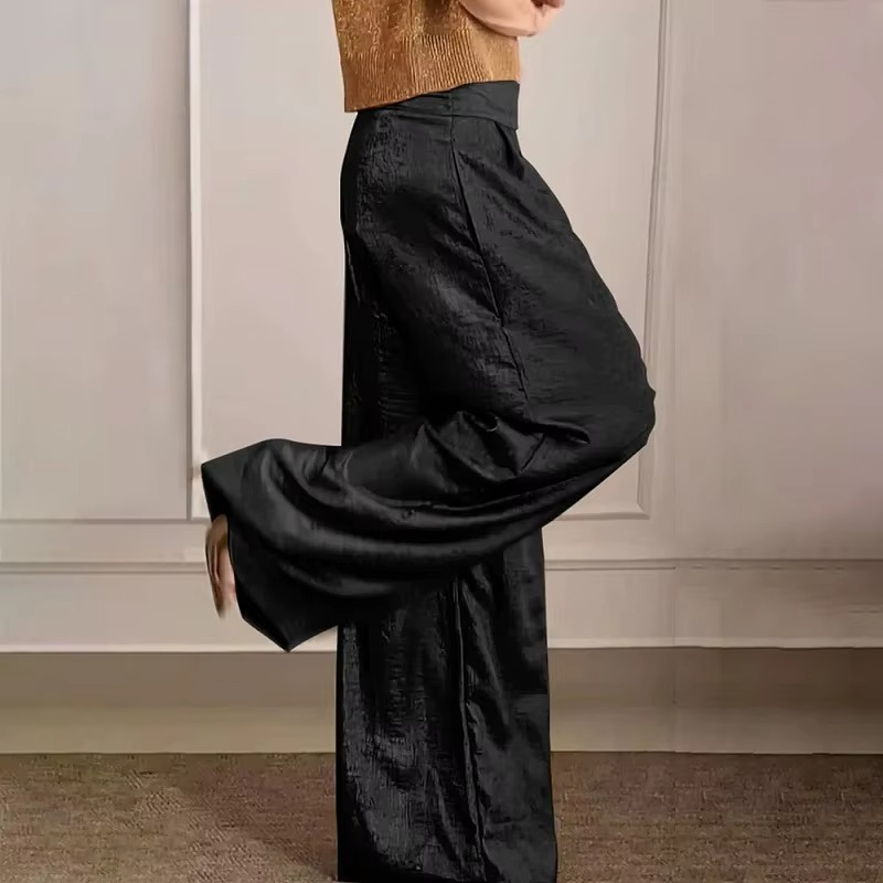 Women's metallic high waist wide leg pants with relaxed silhouette and functional side pockets