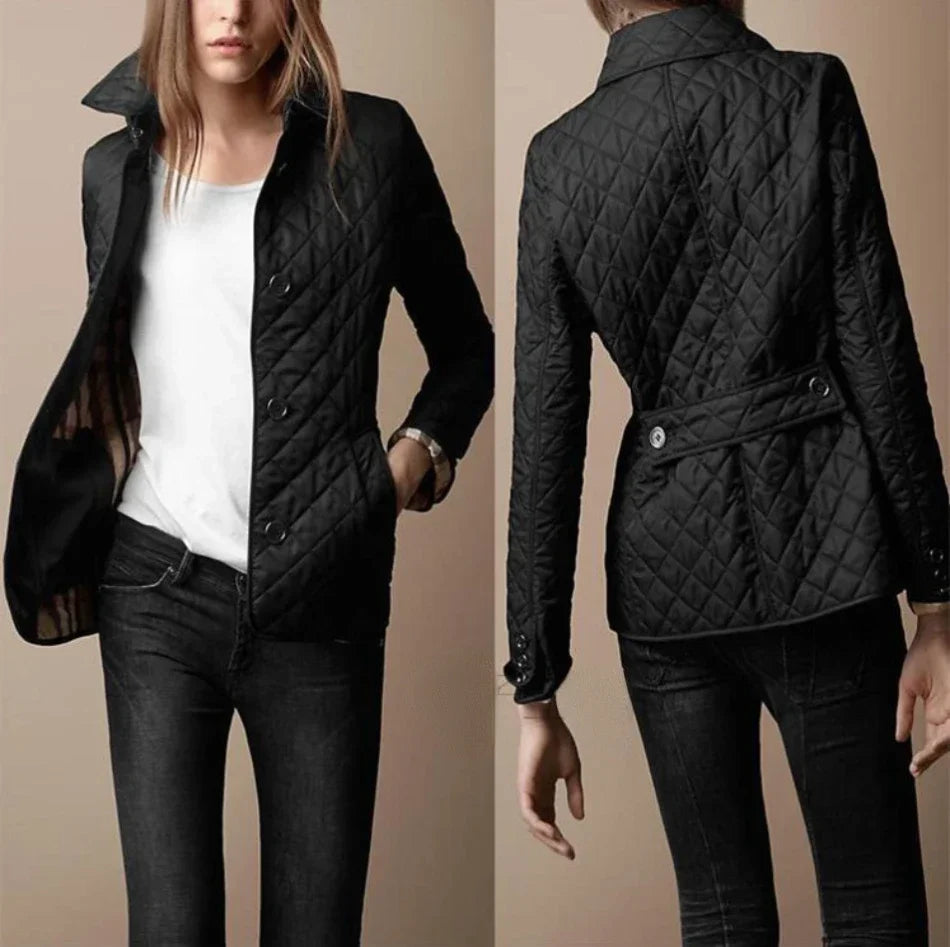 Women's slim fit quilted cotton jacket diamond pattern classic button closure versatile fall winter
