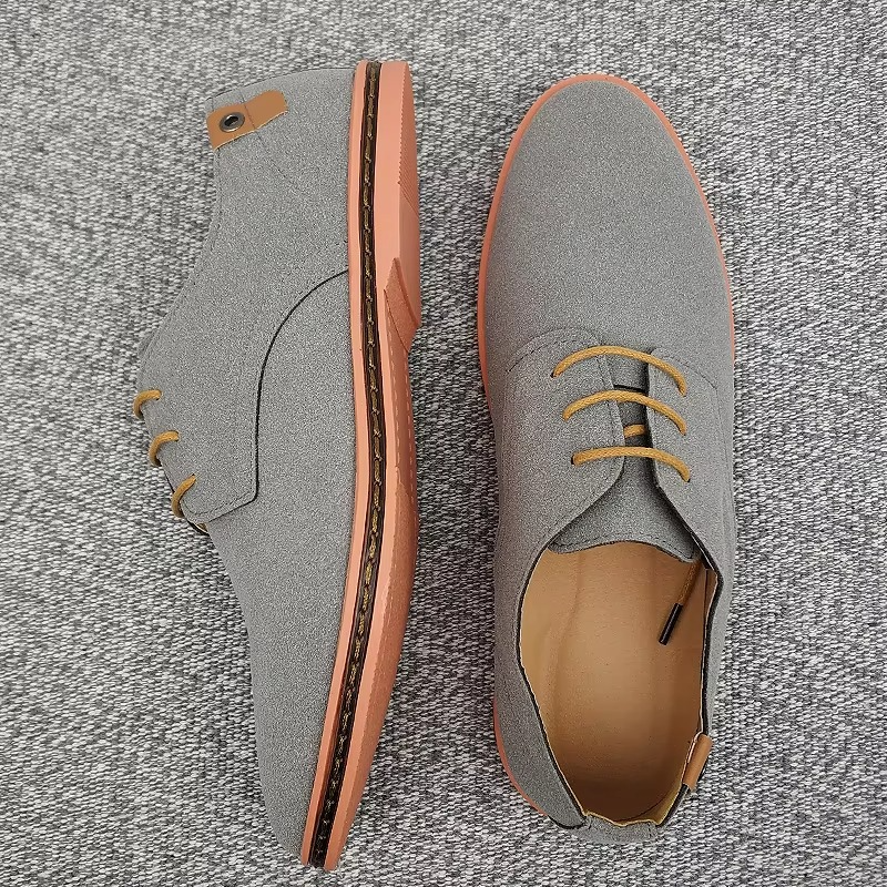 Men's suede leather oxford casual sneakers in neutral tone, polished dress-casual style with cushioned comfort