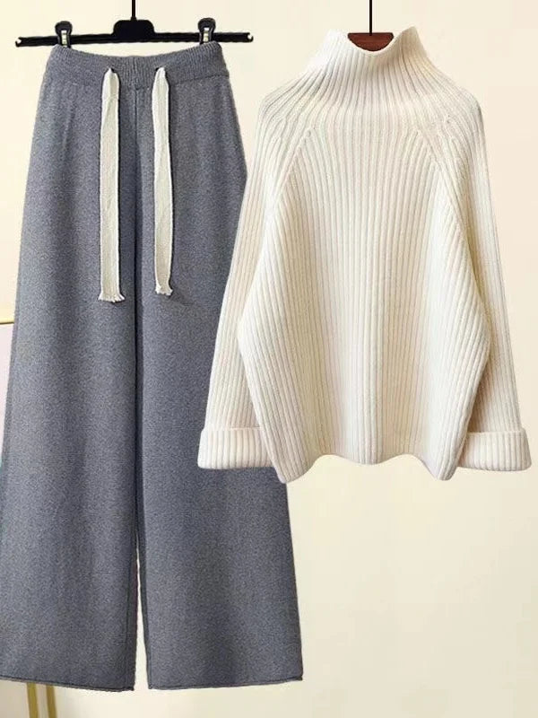 Wool turtleneck sweater wide leg pants two-piece set oversized ribbed cuffs casual women