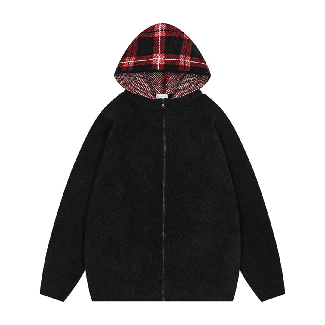 Brushed wool plaid hooded unisex sweater, loose fit, zipper closure, bold patterned hood