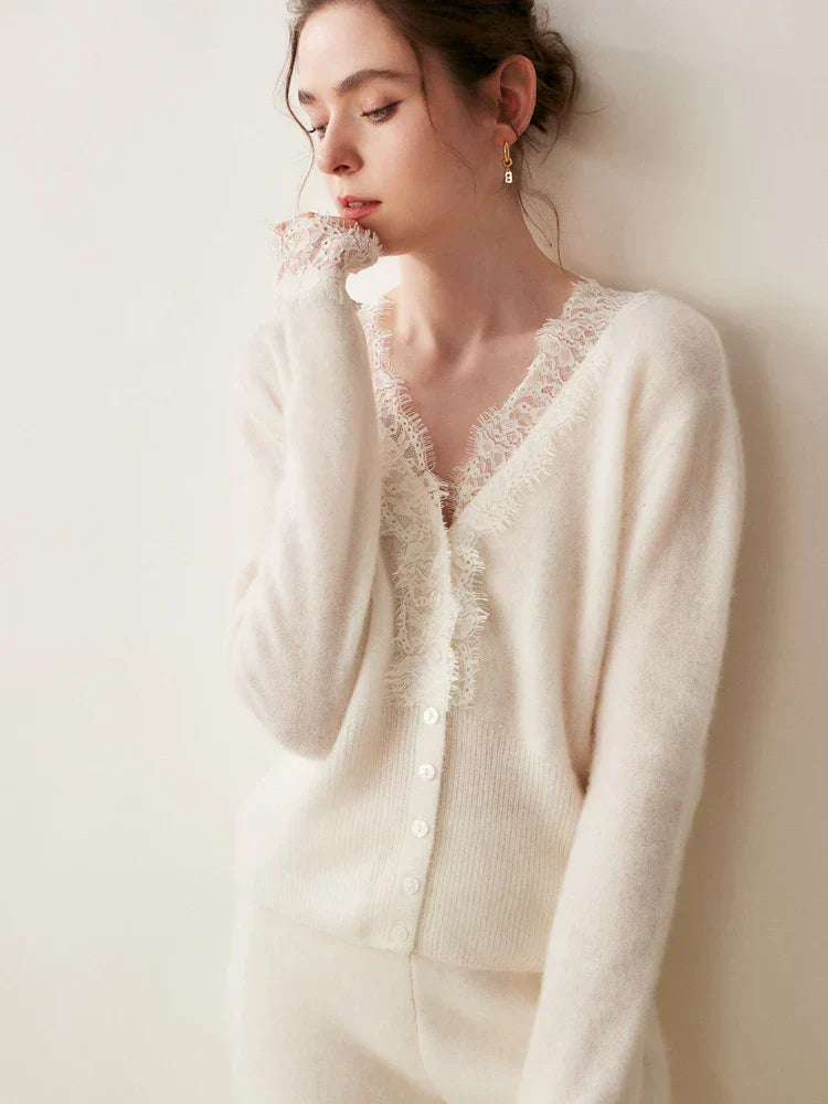 Women's fitted cardigan lace trim button-front elegant chic hip-length refined feminine layering piece