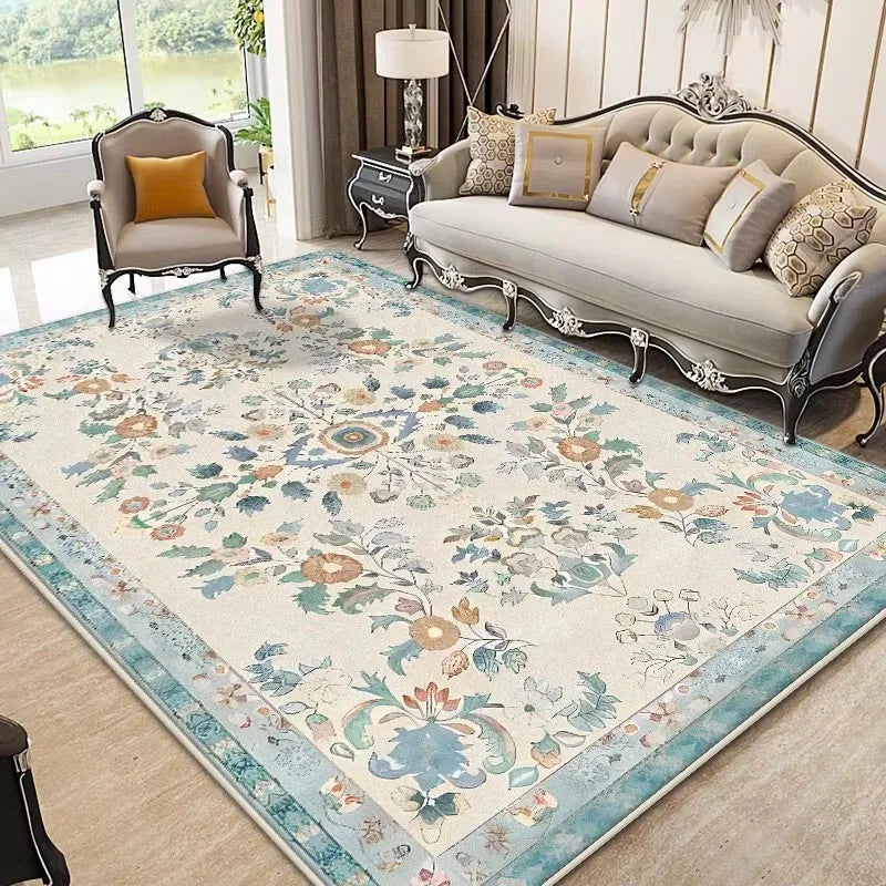 European luxury floral area rug in soft flannel, non-slip large floor mat for living room bedroom