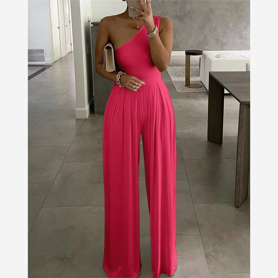 Women's one shoulder wide leg jumpsuit high waist chic casual summer style asymmetric neckline