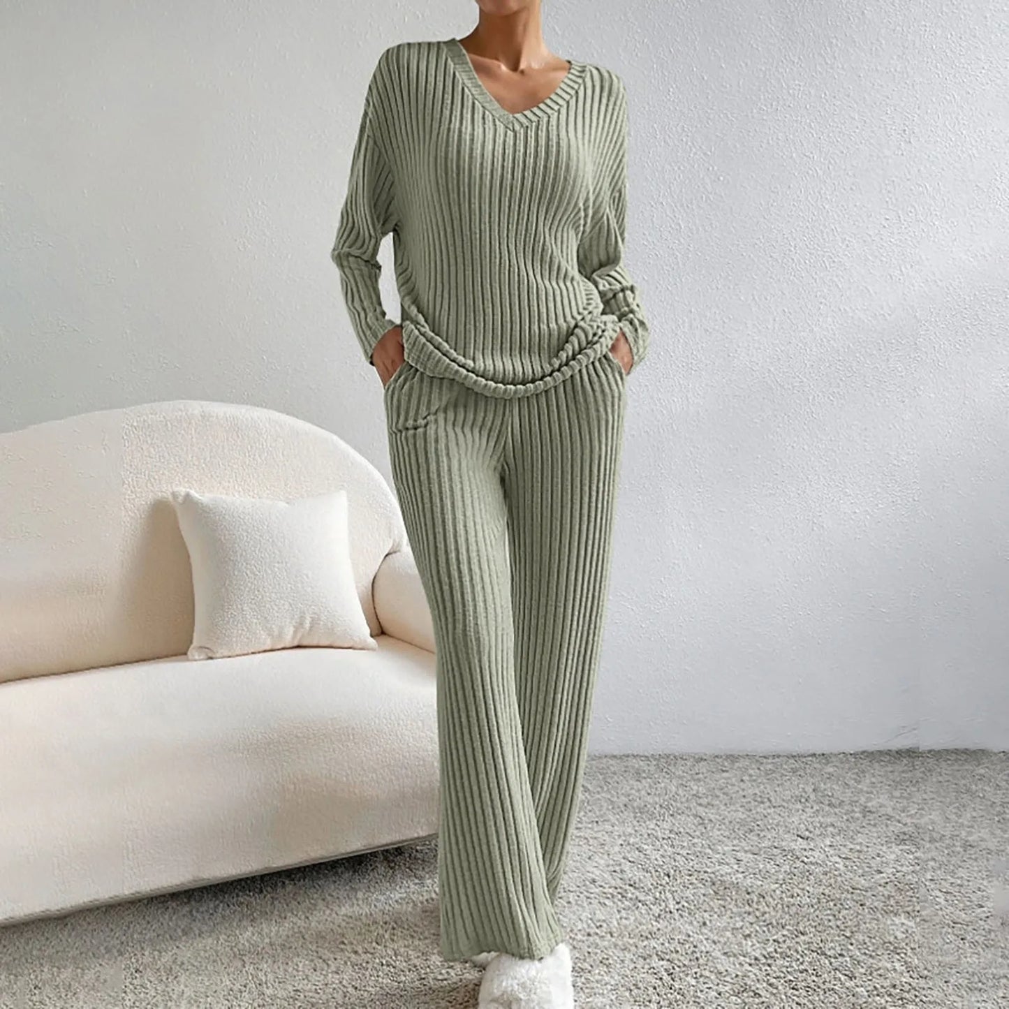 Women's ribbed knit lounge set soft relaxed fit cozy two-piece loungewear with subtle texture