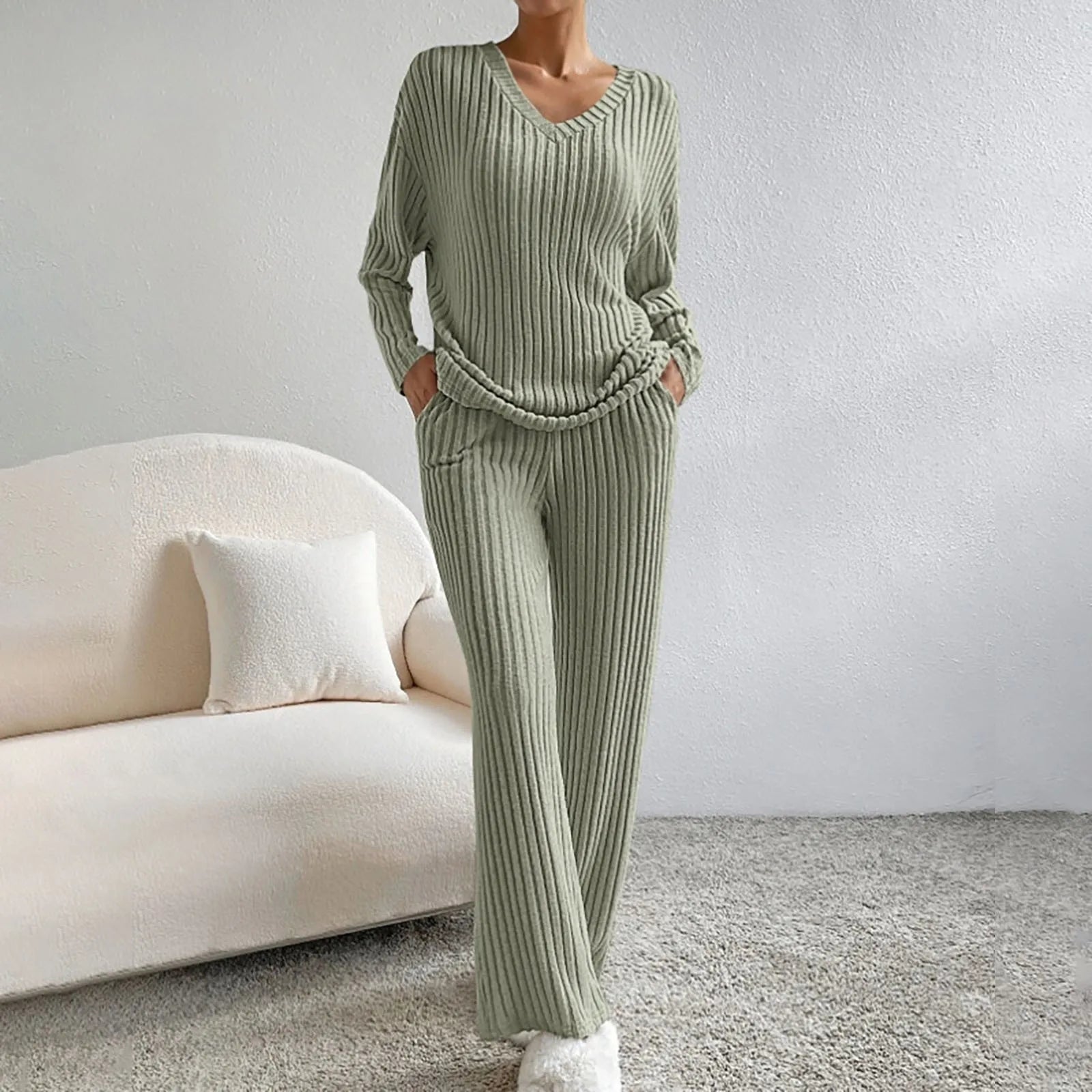 Women's ribbed knit lounge set soft relaxed fit cozy two-piece loungewear with subtle texture