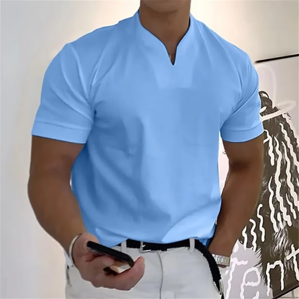 Men's white V-neck athletic cotton tee casual loose fit breathable summer short sleeve comfort