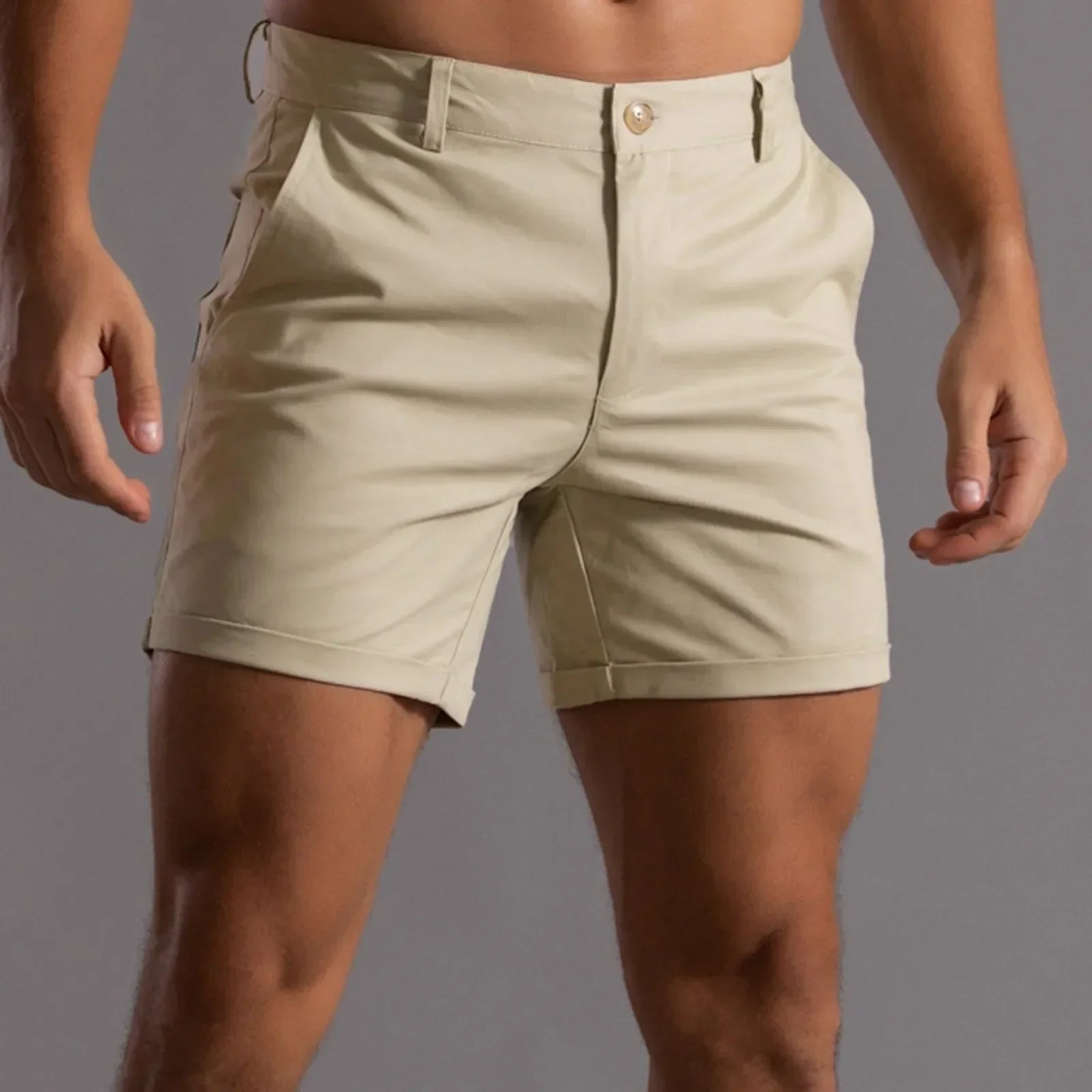 Men's mid-length tailored stretch shorts neutral tone semi-elastic waistband polished casual fit