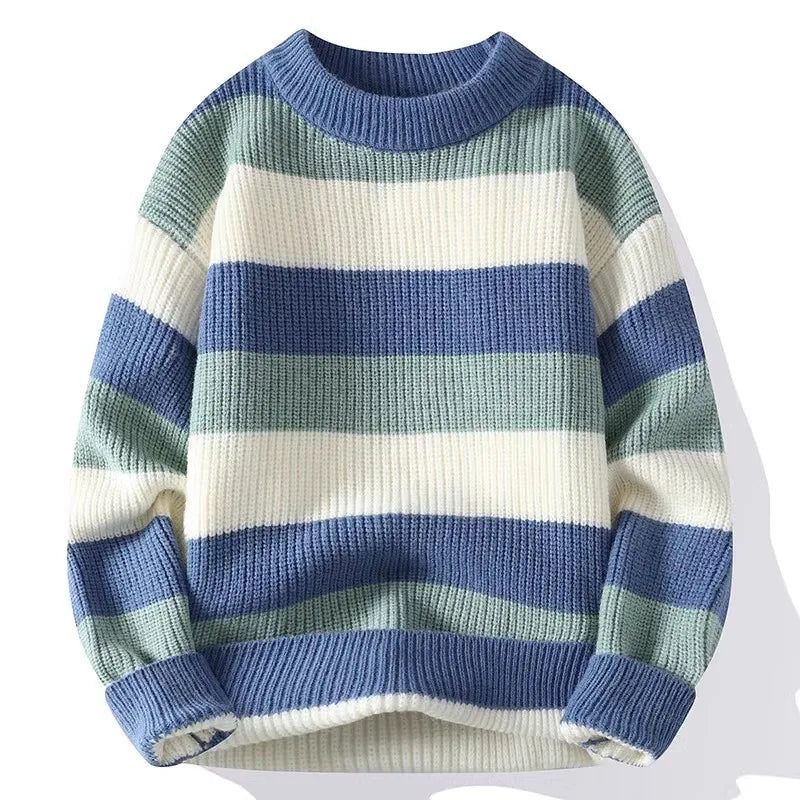 Striped rib knit sweater in bold horizontal pattern, structured casual fit with soft stretch fabric