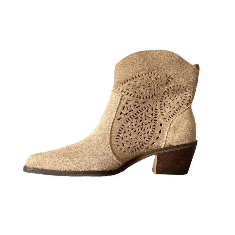 Women's tan faux suede ankle western boots with pull-on tabs and all-day comfort sole