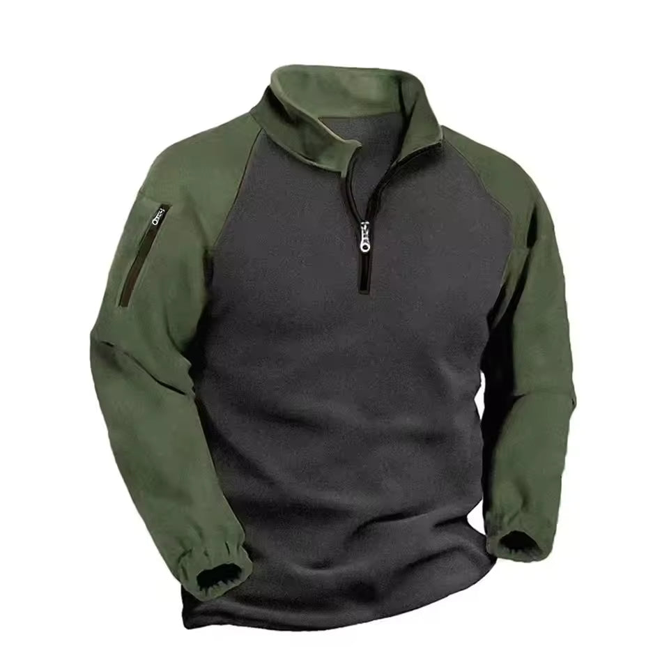 Men's light gray two-tone fleece mock neck half-zip pullover with zippered arm pocket