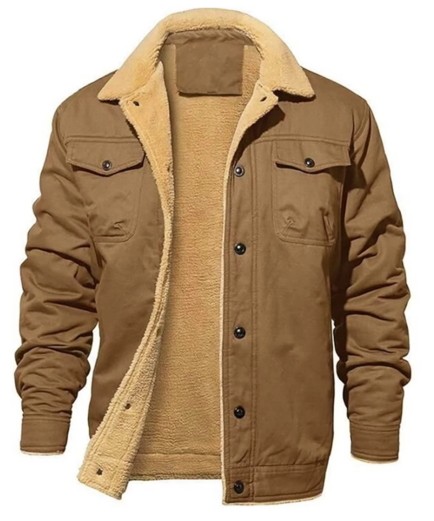 Men's faux shearling lined windproof parka coat with pockets, plush interior cold weather outerwear