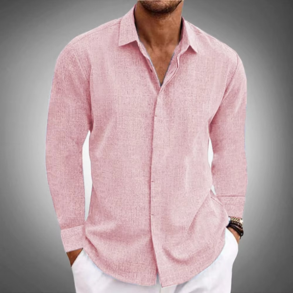 Men's linen long sleeve button-down shirt with lapel collar, breathable casual solid color fit