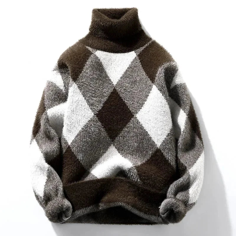 Cream oversized turtleneck knit sweater with bold argyle diamond pattern for refined cold-weather style