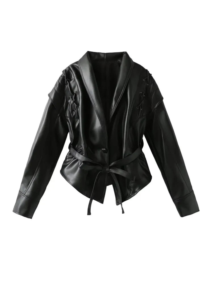 Black faux leather wrap jacket with lace-up shoulders and waist belt tailored silhouette