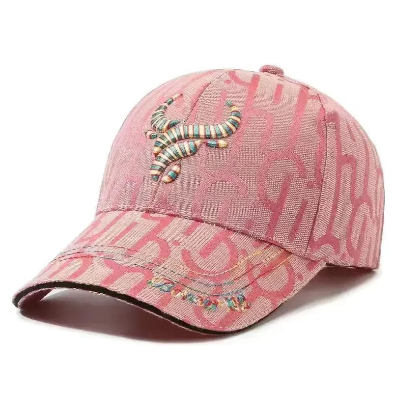 Olive green trail cap soft cotton blend adjustable strap embroidered ox head Taurus symbol