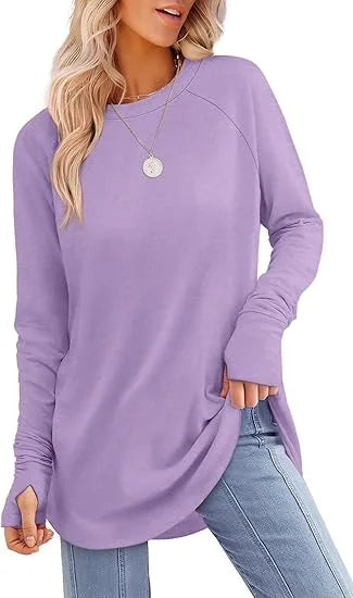 Women's relaxed-fit tunic top in soft cotton blend with thumb hole cuffs for everyday comfort