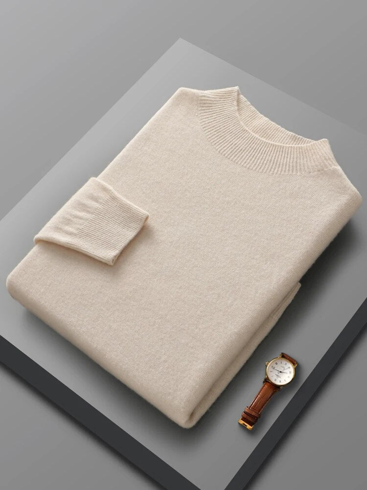 Men's ribbed crewneck wool sweater in neutral tone, cozy casual knit with vertical texture