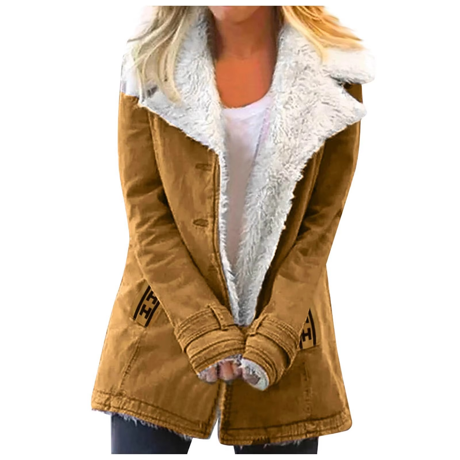 Women plus size fleece button jacket with collar and pockets, cozy everyday style