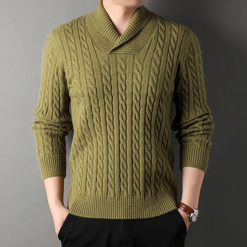 Men's cable knit shawl collar sweater in neutral tone, fold-over collar, medium weight classic fit