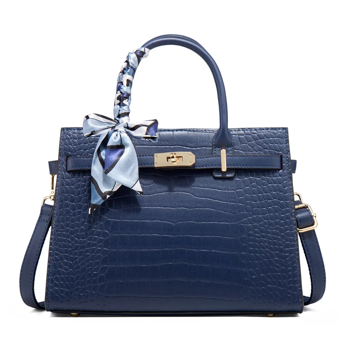 Midi structured croc-embossed vegan leather handbag with silk scarf accent and gold buckle closure