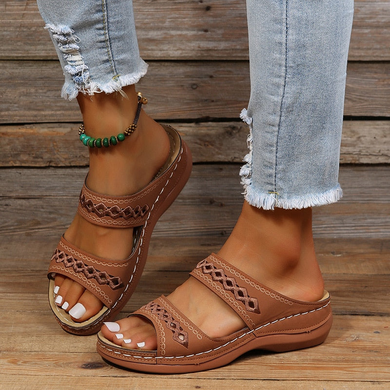 Olive green orthopedic women's sandals double strap with delicate embroidery all-day comfort