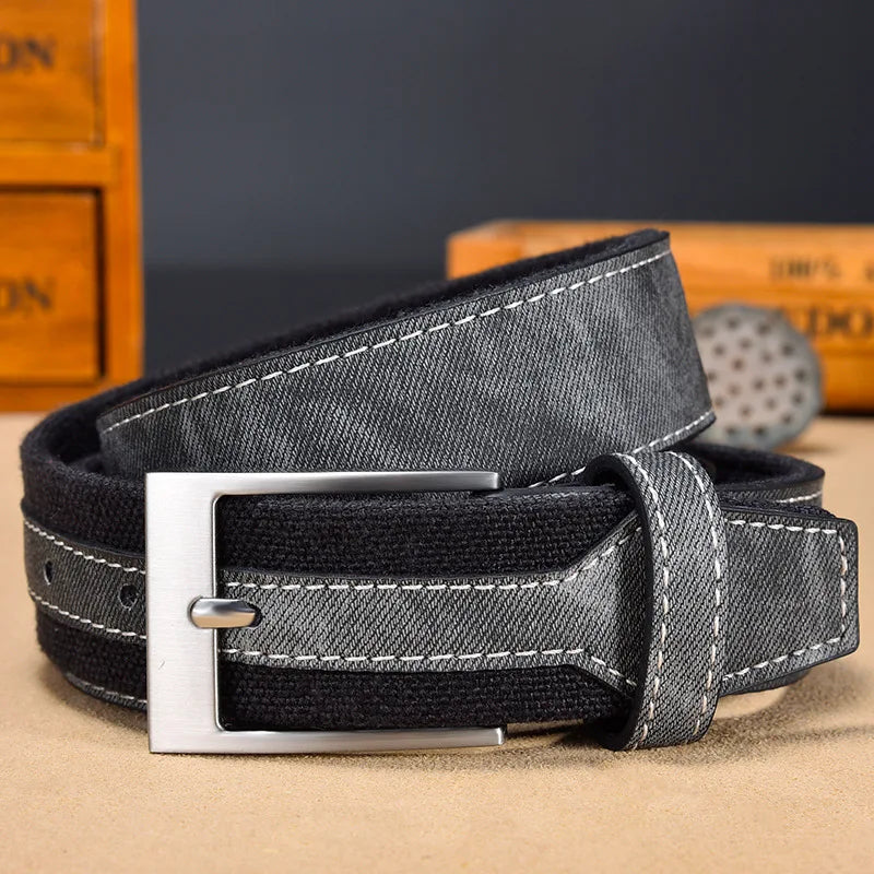 Men's rugged denim belt with full-grain leather reinforcement and solid metal buckle for durability