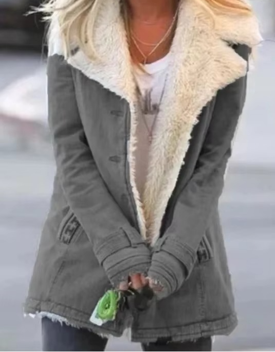 Women's plush lapel coat in cozy polyester blend, chic winter parka jacket with refined collar detailing